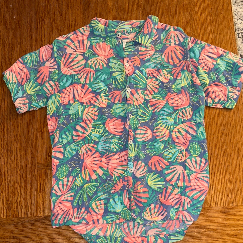 Vibrant Leaf Print Casual Shirt - Blue, Pink, and Green
